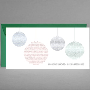 Biglietto natalizio con auguri anche per il nuovo anno ESCLUSIVAMENTE NATALE con palline per albero di Natale compresa busta verde abete + bigliettino omaggio