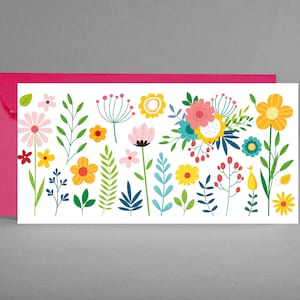 Waardebon, felicitatie- en uitnodigingskaart wit MET BLOEMEN voor vrienden, familie, buren, collega's inclusief fuchsia envelop + gratis kaart