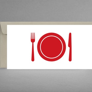 Gutschein & Einladung Essen privat + Restaurants, Bistros, Biergärten, Cafè, Bar PURISTISCH Teller, Besteck inkl. Kuvert  + Gratis-Karte