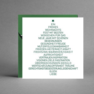 Weihnachtskarte weiß quadratisch mit Wünschen als grüner Weihnachtsbaum EXKLUSIV & PURISTISCH inkl. dunkelgrünen Kuvert + Gratis-Karte
