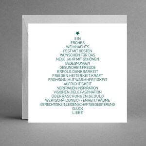 Weihnachtskarte weiß quadratisch mit guten Wünschen als grüner Weihnachtsbaum PURISTISCH IN SILBER inkl. Kuvert + Gratis-Karte