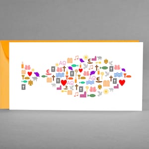 Felicitatiekaart, waardebon, uitnodigingskaart witte VISSYMBOLEN voor doop, vormsel, communie, vormsel inclusief envelop + gratis kaart