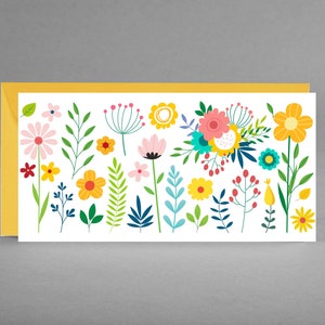Waardebon, gefeliciteerd, uitnodigingskaart wit MET BLOEMEN voor vrienden, familie, buren, collega's incl. gele envelop + gratis kaart