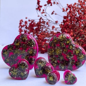 Handmade Bright Pink Flower Heart Ear Gauges: Bio Resin Plugs