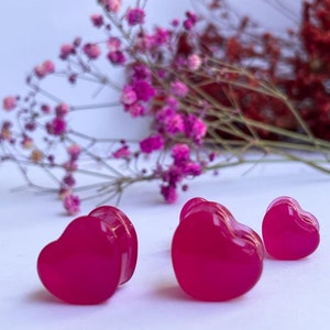 Handmade Bright Pink Heart Ear Gauges: Bio Resin Plugs