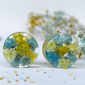 Blue and light yellow flower plug earrings, Real flower transparent ear plugs, Ear tunnels, Bio base plug, Gift for all, spring vibes