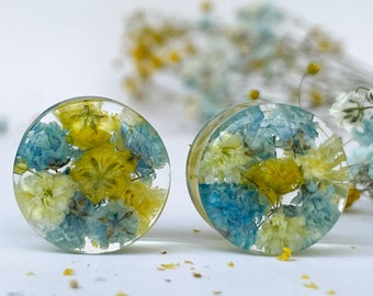Blue & Yellow Flower Ear Plugs: Transparent Bio Base Tunnels