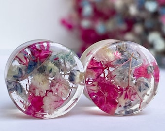 Real Flower Ear Plugs: Pink, Blue & White Bio Base Gauges