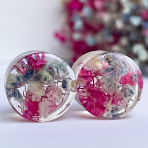 Pink and Light Blue, White gauge, Real flower transparent ear plugs, Ear tunnels, Bio base Gauges, Gift for all,summer vibes,colorful gauges