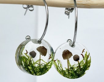 Boucles d'oreilles Real Mushroom, Boucles d'oreilles Dangle Botanical, Boucles d'oreilles Statement, Boucles d'oreilles Terrarium, Boucles d'oreilles Real moss, Cadeau champignon, Boucles d'oreilles Boho