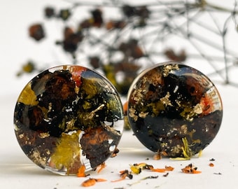 Tapones para los oídos con flores reales: resina negra, amarilla y naranja