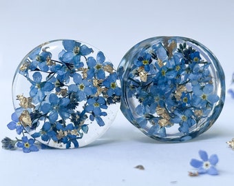 Real Forget-Me-Not Flower Ear Plugs: Bio Resin Tunnels with Gold Flakes