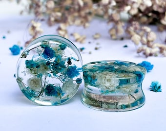 Blue & White Flower Plugs: Transparent Bio Resin Ear Gauges