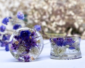 Bouchons de fleurs violets et blancs, bouchons d'oreilles transparents vraies fleurs, tunnels d'oreille, résine de base biologique, jauges de fleurs, tunnels de fleurs, cadeau pour tous