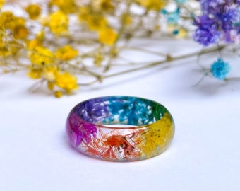 Handmade Pressed Real Flower Resin Ring: Rainbow Floral Jewelry