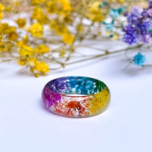 Handmade Pressed Real Flower Resin Ring: Rainbow Floral Jewelry