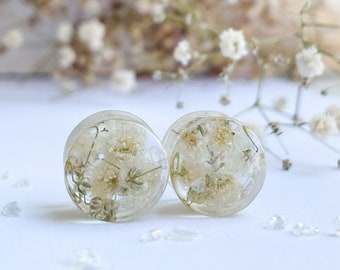 Bouchons floraux blancs, Bouchons d'oreilles transparents avec vraies fleurs, Tunnels auriculaires, Jauges BIO, Cadeau pour tous, Jauge de mariage, Bouchons naturels