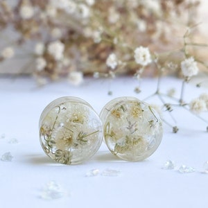 Bouchons floraux blancs, Bouchons d'oreilles transparents avec vraies fleurs, Tunnels auriculaires, Jauges BIO, Cadeau pour tous, Jauge de mariage, Bouchons naturels image 1