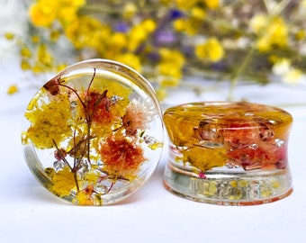 Bouchons fleuris jaunes et orange Bouchons d'oreilles transparents avec vraies fleurs