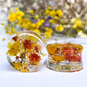 Yellow and Orange flower plugs Real flower transparent ear plugs  Ear tunnels, Flower gauges, Natural plugs, spring vibes, colourful gauges