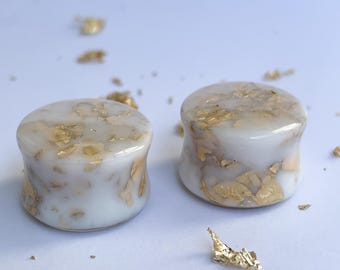 Handmade White Ear Plugs: Gold Flakes Bio Base Gauges