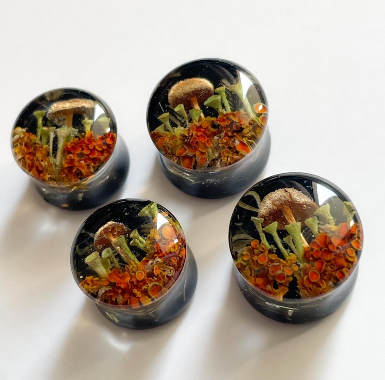May include: Four black resin ear gauges with orange and green mushroom and flower designs.