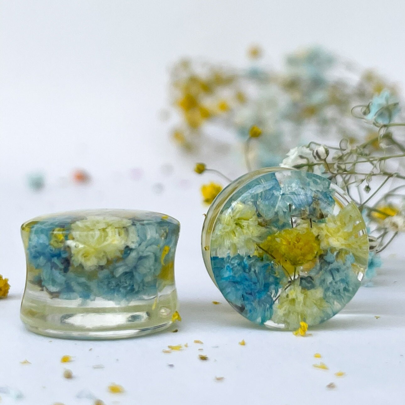 Tappi Per Le Orecchie Fatti A Mano Con Fiori Neri E Blu E Scaglie - Foto 3