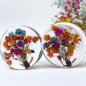 Real flower plug, Real flower tunnel gauges, real plug, Flower bouquet plug PAIR Rainbow plugs, colourful gauges, colourful tunnels