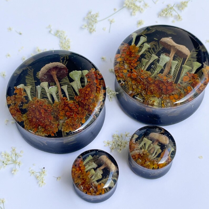 May include: Three resin ear gauges with a black background and a clear resin dome. The dome contains a miniature forest scene with orange and brown mushrooms, green leaves, and orange flowers.