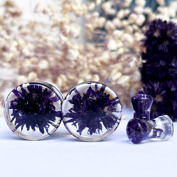 Dark flower, real flower transparent ear plugs, ear tunnels, ear gauges, dark gauges, dark tunnels, ECO Gauges, summer vibes, gift for all