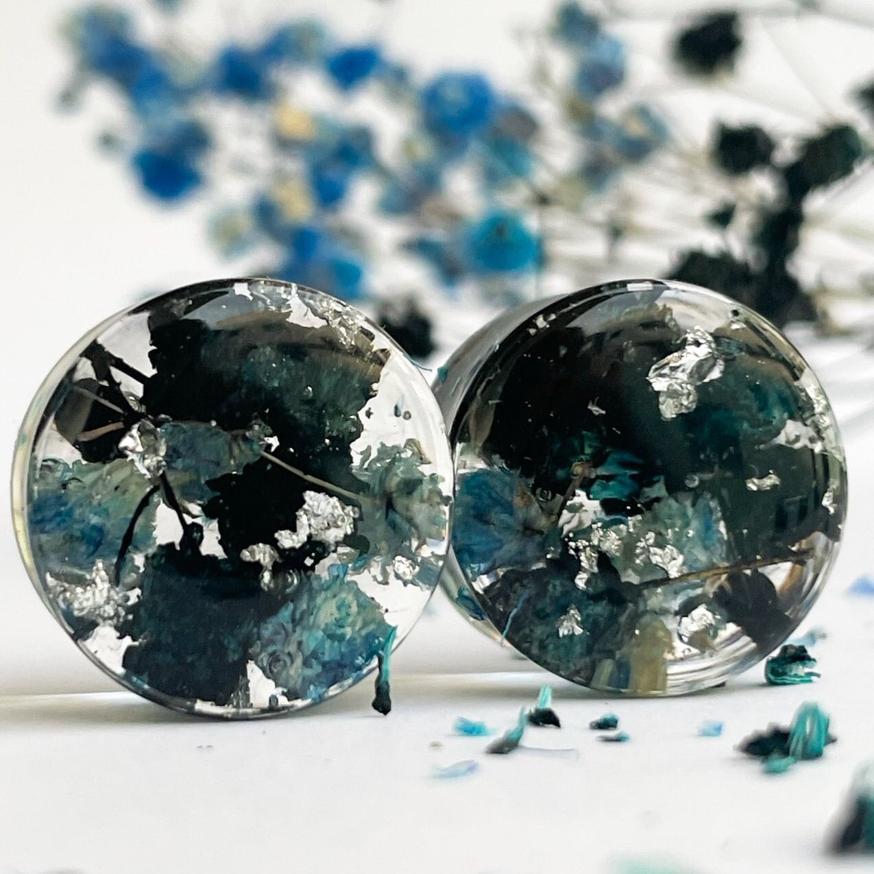 Handmade Black & Blue Flower Ear Plugs with Silver Flakes