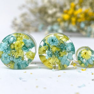 Blue and yellow flower plug earrings, Real flower transparent ear plugs, Ear tunnels, Bio base Gauges, Gift for all, spring vibes