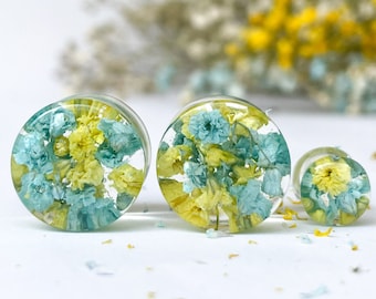 Real Flower Plug Earrings: Blue & Yellow Bio Gauges