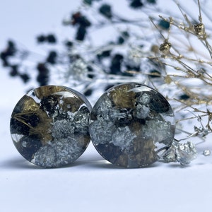 Black & Gold Flower Ear Plugs: Real Flower Gauges, Transparent Tunnels