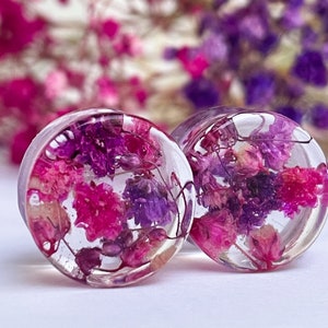 Real Flower Ear Plugs: Pink & Purple Bio Resin Gauges
