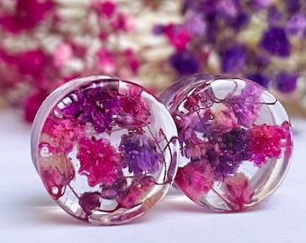 Jauge rose et violet, Bouchons d'oreilles transparents avec vraies fleurs, Tunnels auriculaires, Jauges à base biologique, Cadeau pour tous, Jauges de mariage, Jauges d'été