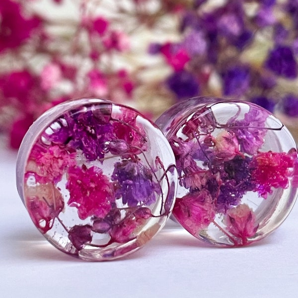 Tapones para los oídos con flores reales: resina biológica rosa y morada