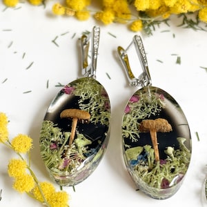 Real Mushroom Moss Earrings: Terrarium Dangle Earrings