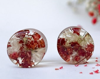 Boucles d'oreilles bouchons fleur rouge foncé et blanc, Bouchons d'oreilles transparents avec vraies fleurs, Tunnels auriculaires, Jauges de base bio, Cadeau pour tous, Jauges de mariage