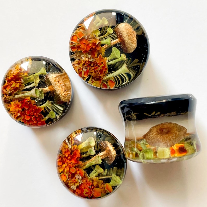 May include: Four round and one cylindrical resin ear gauges with a black background and orange and green mushroom and flower designs.