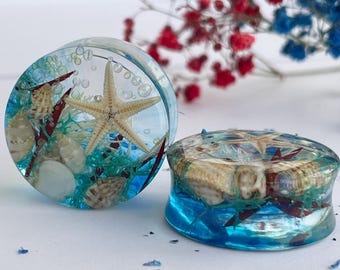 Handmade Ocean Resin Plugs: Seashell Starfish Gauges