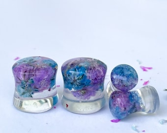 Blue & Purple Flower Plug Earrings: Transparent Bio Base Gauges