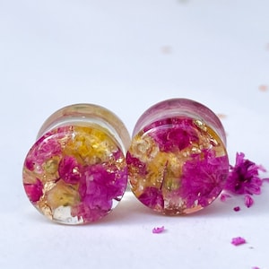 Pink and Yellow flower plug earrings, Real flower transparent ear plugs, flower tunnels, Ear tunnels, Bio base Gauges, Gift for all