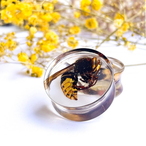 Tappi Per Le Orecchie Fatti A Mano Con Fiori Neri E Blu E Scaglie - Foto 5