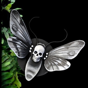 Hand painted black and white wall moth with skull, death&#39;s head moth, gothic