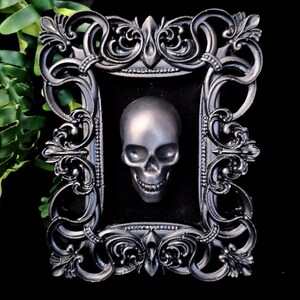 Puede incluir: Una escultura de cráneo humano en tres dimensiones con un acabado gris oscuro metálico, montada centralmente dentro de un marco rectangular negro ornamentado con detalles intrincados de volutas y filigrana en todo el borde.