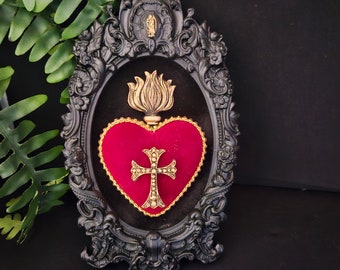 Framed red velvet sacred heart with gold cross and flame, in a black ornate frame, heart, gothic, wall art.