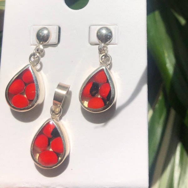 Silver & Good Luck Huayruro Earrings and Pendant Set