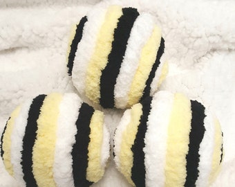 Bee Decorative Fuzzy Ornament Balls, Yellow, Black and White Yarn Wrapped Balls, Bowl/Vase Fillers, Wreath Embellishment/Attachments