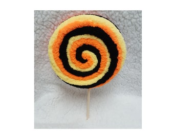 Halloween Wreath Attachment, Fake Candy Lollipop, Black, Yellow and Orange Yarn Wrapped Pop, Centerpiece Embellishment, Party Table Decor